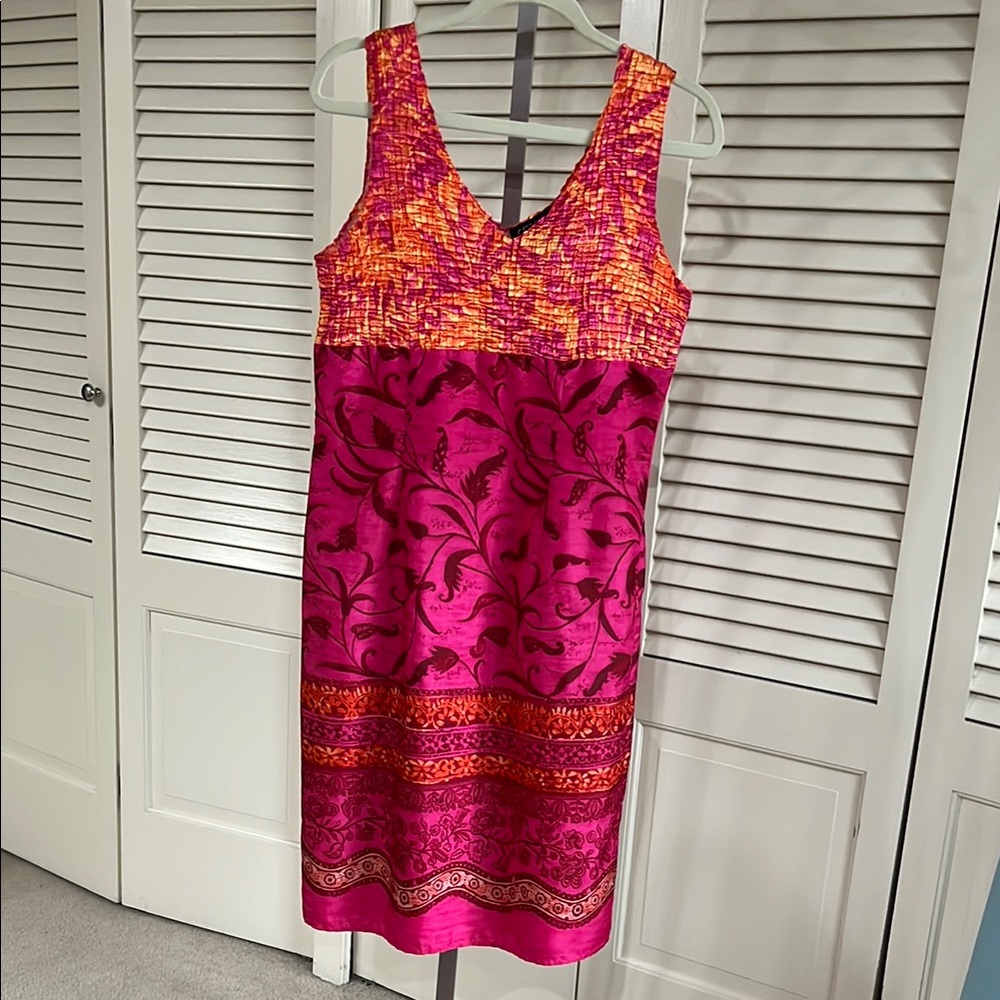 Red and Orange Sheath Midi Dress with V-Neck